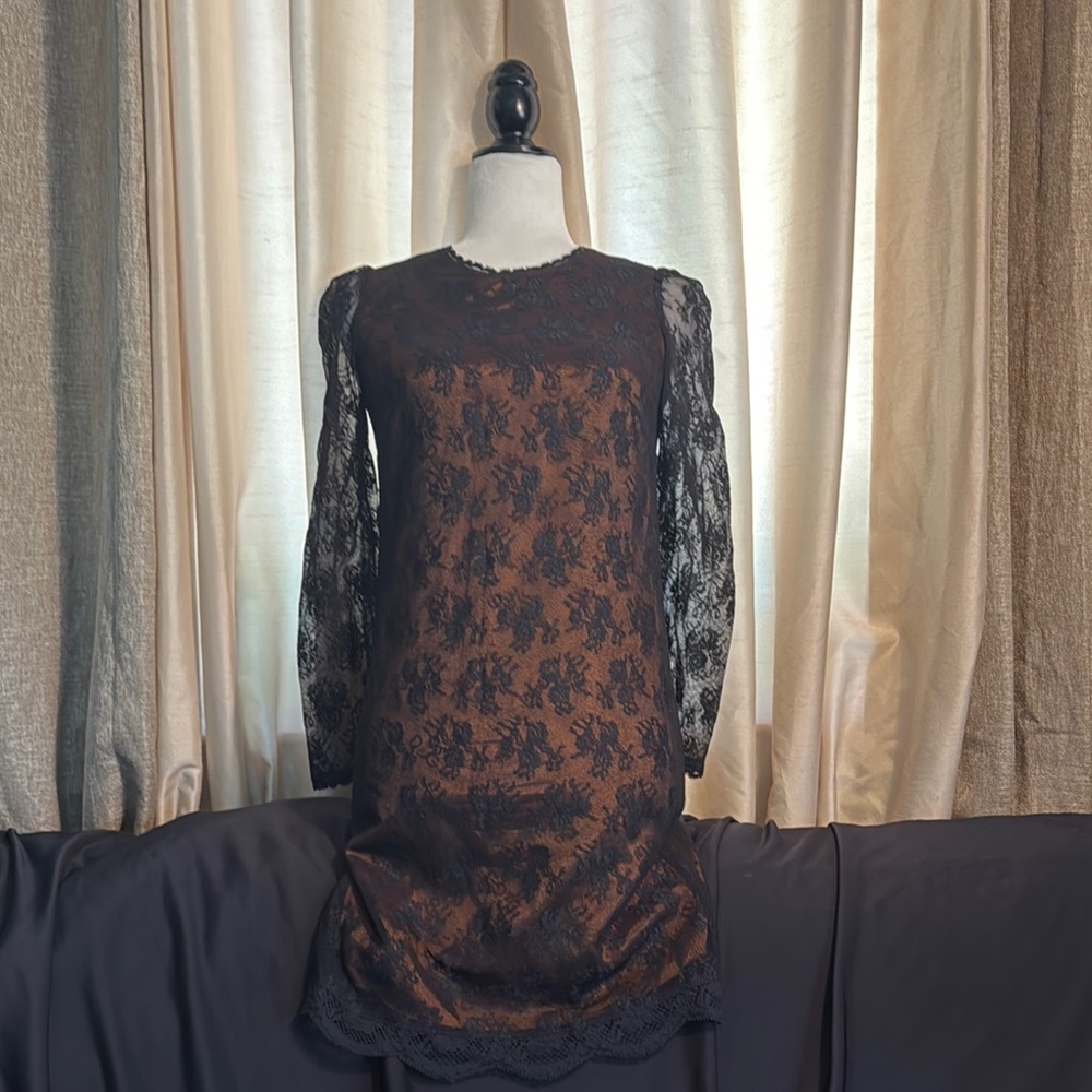 Dolce & Gabbana Black and Brown Sheath Dress with Bishop Sleeves